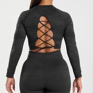 Gymshark Adapt Camo Seamless Lace Up Back Top | S | Black/Onyx Grey
